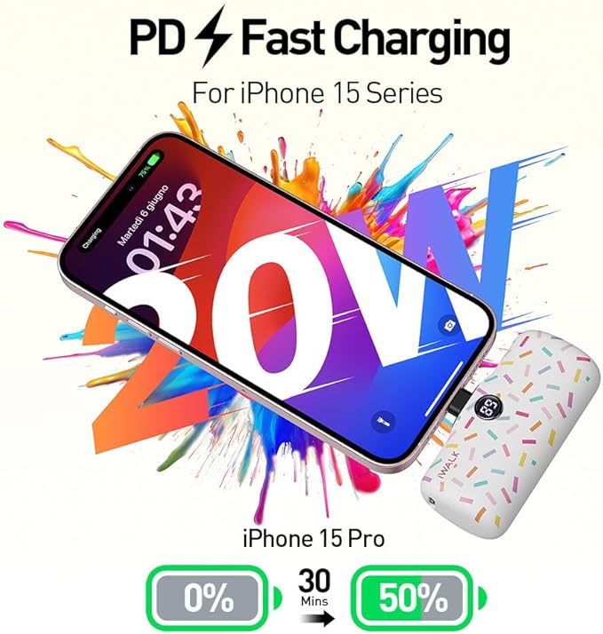 iWALK USB-C Portable Charger with Colorful Pattern, 20W PD Fast Charging 4800mAh Small Power Bank with LED Display, Compatible with iPhone 16/15, 16/15 Plus, 16/15 Pro Max, iPad, Airpods, White