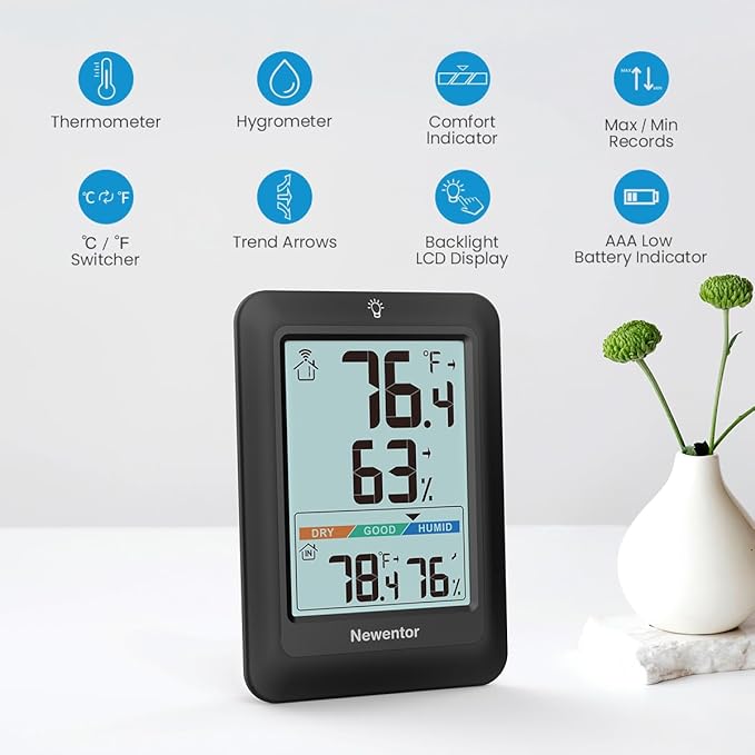 Newentor Indoor Outdoor Thermometer Wireless, Remote Temperature Monitor Hygrometer, Outside Inside Thermometers with Comfort Indicator, 4 Inch Screen, 328ft Range for Home Patio, Black with 2 Sensors