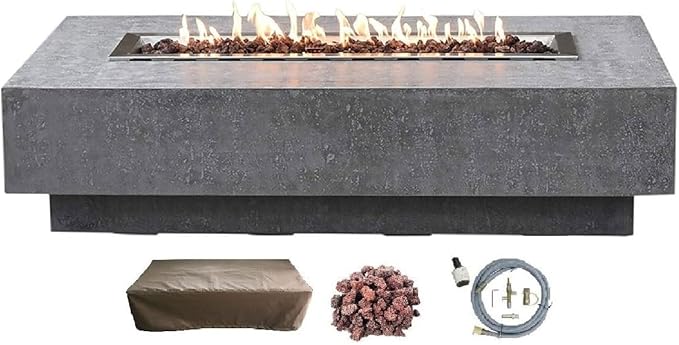Elementi | Hampton Gas Fire Pit Cast Concrete 56" Rectangular Fire Table, Outdoor Fire Pit Electronic Ignition | Canvas Cover, Lava Rock Included | Light Gray (Natural Gas)