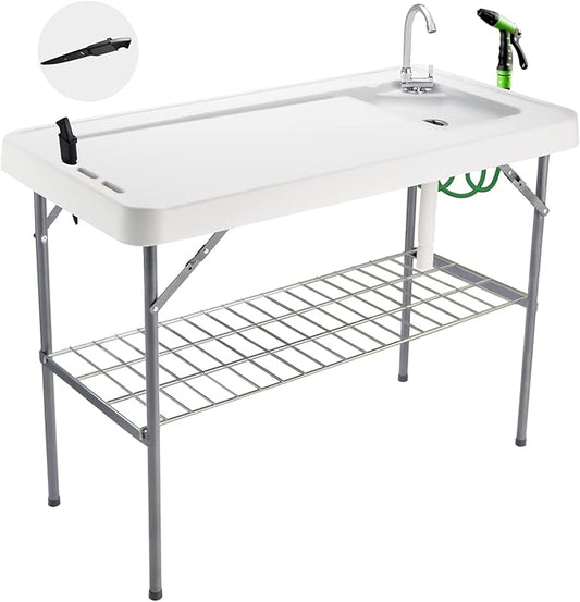 Folding Fish Cleaning Table Portable Camping Sink Table with Faucet Drainage Hose & Sprayer Outdoor Fish Fillet Cleaning Station with Grid Rack & Knife Groove for Picnic Fishing, Grey
