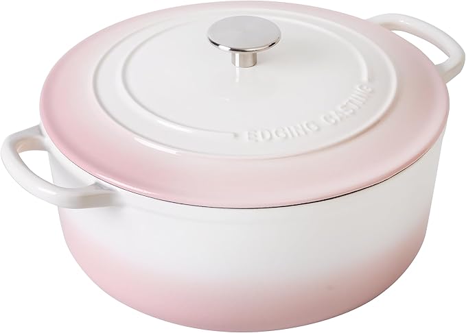 Enameled Cast Iron Dutch Oven Pot With Lid, 7 Quart, for Bread Baking, Cooking, White-Pink