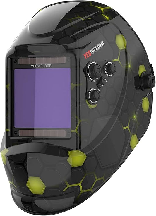 YESWELDER Large View Auto Darkening Welding Helmet, Blue Light Blocking, 1/1/1/1 True Color Solar Powered Welder Hood Mask with 4 Arc Sensors, Wide Shade 3/5-9/9-13 for TIG MIG ARC Cut and Grind