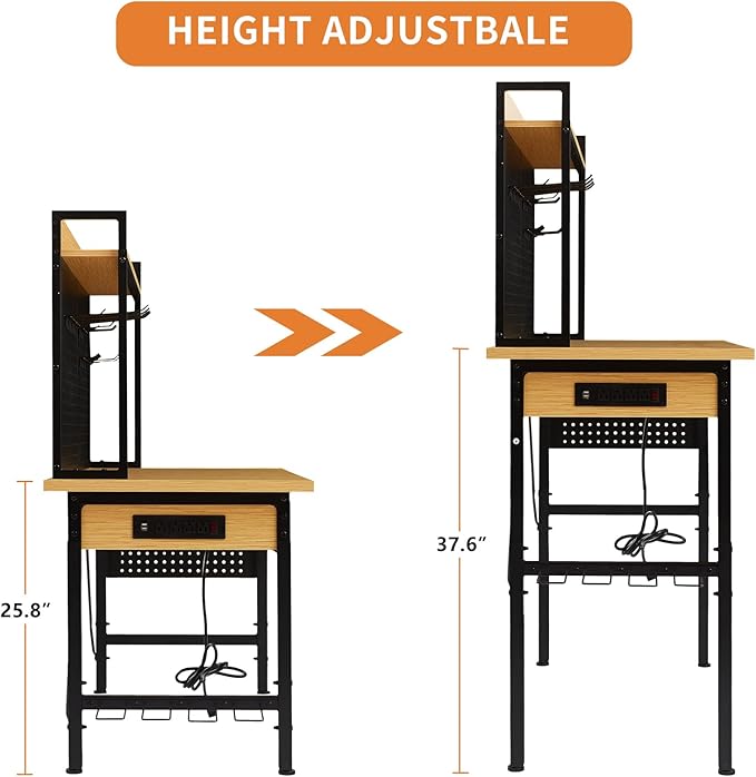 48'' Adjustable Workbench with Pegboard, Heavy Duty Wooden Desktop Workbench with Wheels, 2000 lb. Load Capacity, Rolling Workbench with AC/USB Outlet, Hooks, Shelf, for Garage, Workshop, Office, Home