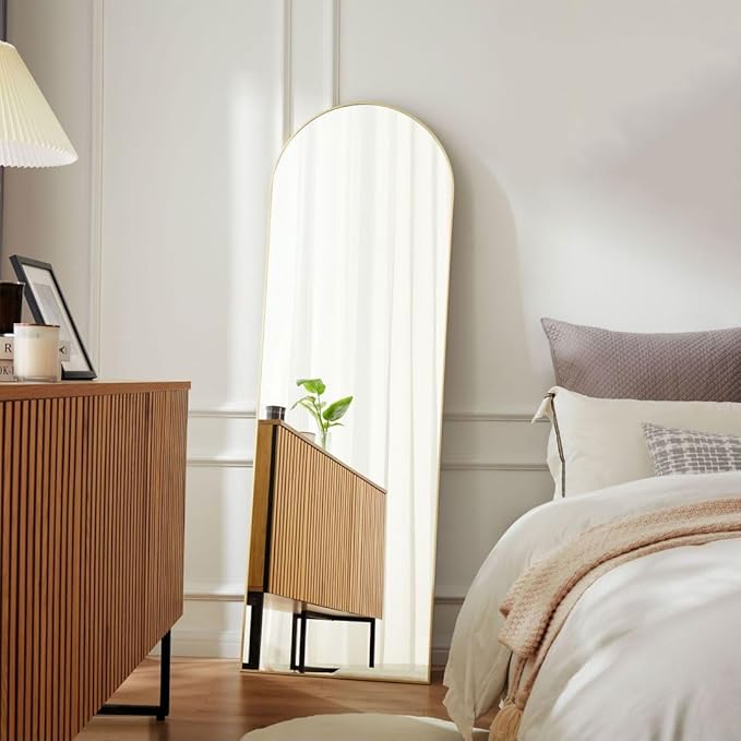 Arched Full Length Mirror, 64"x 21" Floor Mirror with Aluminum Alloy Thin Frame, Full Body Mirror Hanging or Leaning for Wall Bedroom Dressing Mirror Home Decor, Gold