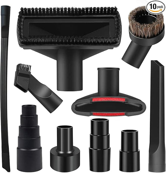 10PCS Universal Vacuum Attachments Kit Wet Dry Plastic Vacuum Hose Adapter 1-1/4" Vacuum Cleaners Accessories with Horse Hair Brush Flexible Crevice Tool Adapter for Shop Vac Accessories
