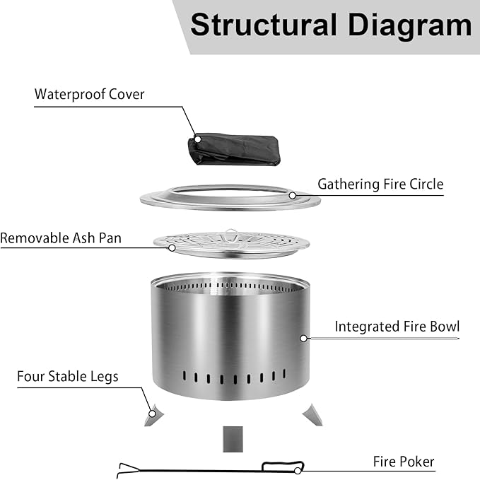 Smokeless Fire Pit,22 Inch Stainless Steel Firepit, Outdoor Wood Burning Fire Pit with Cover,Smokeless Firepits for Outside Backyard Patio Garden Camping Bonfire