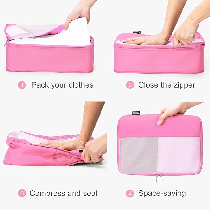 6 Set Compression Packing Cubes for Travel Essentials, Luggage Organizers for Suitcases (Light Pink)