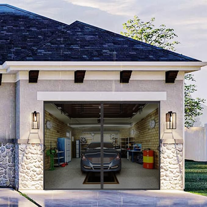 Garage Door Mesh Screen Kit 9x7 FT - Retractable Magnetic Net Screen Door for 1 Car Garage 9x7ft, Durable Fiberglass Mesh Blocks Bugs & Enhances Privacy - Great for Patio Porch Outdoor Use