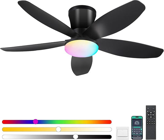 Flush Mount RGB Ceiling Fans with Lights-36 Low Profile Ceiling Fan with Light and Remote/APP Control,DC Reversible,LED Dimmable Blakc Ceiling Fans for Bedroom,Indoor/Outdoor Patio Use