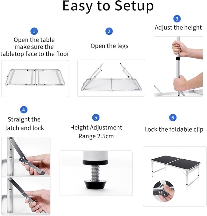Folding Table Portable Picnic Table 4FT Camping Table Camp Table Black Aluminum Outdoor for Card BBQ 47×23.6×27/24/21 inch