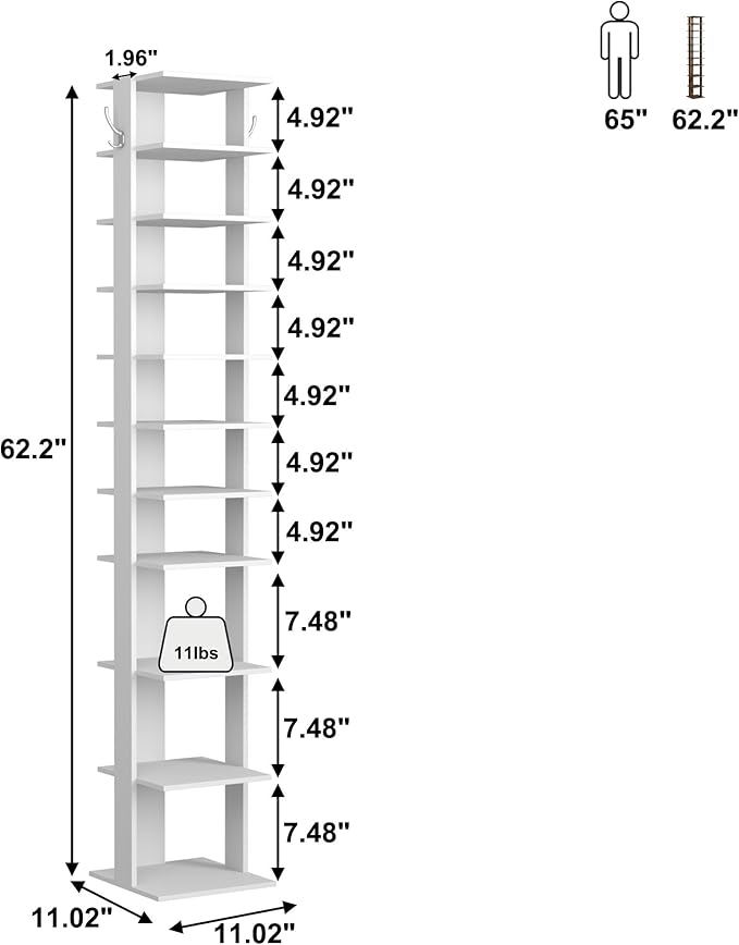 HOMEFORT 10-Tier Vertical Shoe Rack, Corner Shoe Tower, Slim Shoe Organizer with Two Hanging Hooks, Wooden Shoe Storage Stand for Entryway, Hallway, Closet (White)