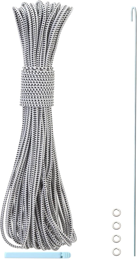 Tent Pole Shock Cord 1/8 inch 60ft, Replacement Shock Cord for Tent Rod, Tent Pole Repair Kit, Elastic Bungee Cord,Elastic Cord with Lead Wire/Washers/Clip (White/Black)