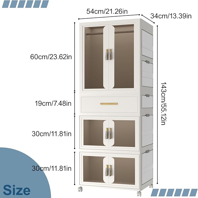 Portable Kids Wardrobe, Plastic Closet Organizer with Hanging Rod, Collapsible Wardrobe Closet Storage Cabinet for Bedroom, Easy to Install (White, Large)
