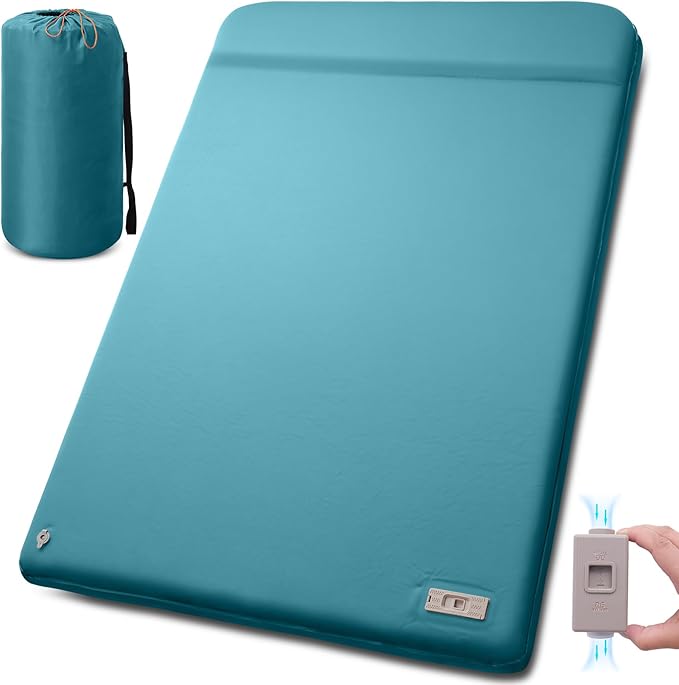 Double Self Inflating Sleeping Pad with Electric Pump,3.14" Thick Memory Foam Camping Mattress 2 Person w/Pillow,Easy Inflate&Deflate,Outdoor Camp Mat for Rooftop Tent Car Truck, Peacock-Blue