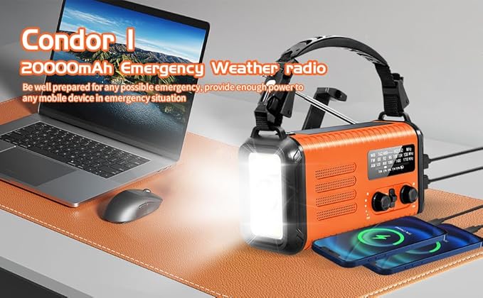 Emergency Weather Radio, 20000mAh Solar Radio, Hand Crank Radio with AM/FM/NOAA, Portable Radios with Flashlight & Reading Lamp, Earphone Jack, SOS Alarm, Phone Charger for Indoor Outdoor Emergencies