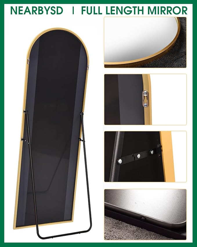 Oversized Full Length Mirror, Arched Body Mirror with Aluminum Stand, 76"x34", Hanging or Leaning, Wall Mounted, Gold
