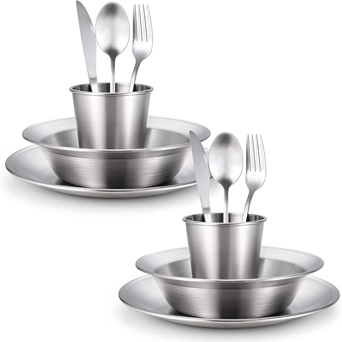 Odoland Camping Complete Messware Kit, Polished Stainless Steel Camp Dinnerware, Camping Cooking Tableware, Cutlery Organizer Utensil with Plates and Bowls Set for Backpacking, Hiking, Picnic Picnic.