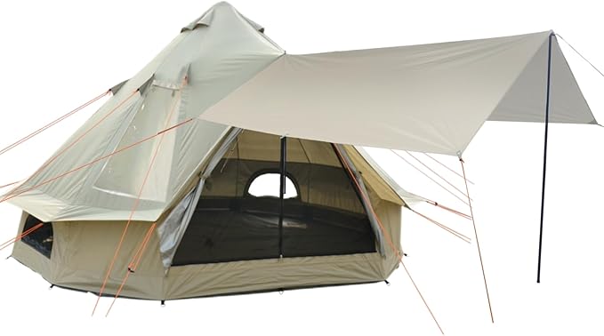 DANCHEL OUTDOOR B2I Inflatable Camping Tent 9.8ft, No Center Pole Lightweight Blow Up Bell Tent with Stove Jack, Skylight, Pump, Waterproof 300D Oxford Glamping Yurt for 1-3 Person Family