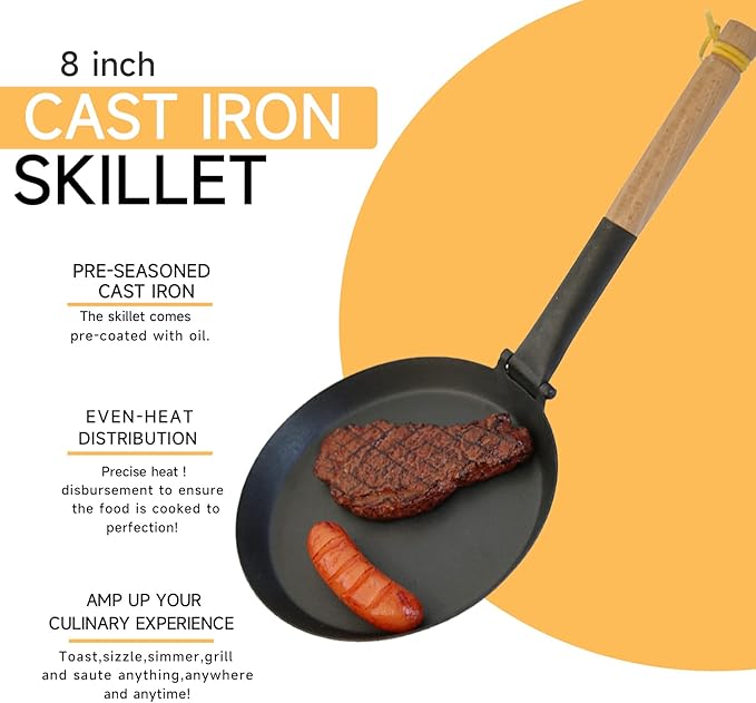 8.2 Inch Non Stick Frying Pan, Pre-Seasoned Carbon Steel Grill Pan with Folding Handle, Camping Indoor & Outdoor Cooking, Easy to Clean, Suitable for All Kinds of Stoves