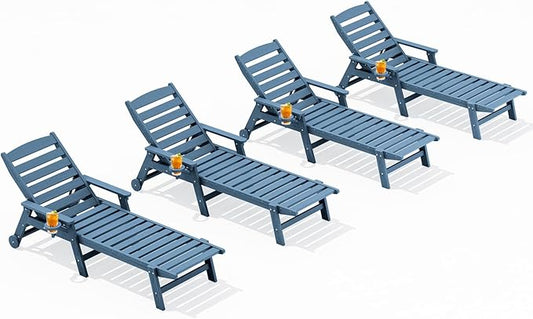 SERWALL Patio Chaise Lounge Chair Set of 4, 5 Positions Adjustable Poly Outdoor Lounge Chair for Pool, HDPE Lounge Chair with Rolling Wheels & Cup Holder for Poolside, Deck, Blue