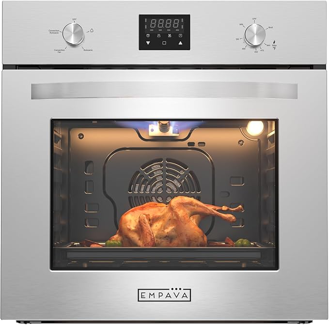 Empava 24 inch Built-In Gas Single Wall Oven with Convection and Rotisserie 5 Cooking Modes, Knob and Touch Control, LED Display, Stainless Steel