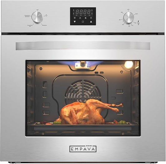 Empava 24 inch Built-In Gas Single Wall Oven with Convection and Rotisserie 5 Cooking Modes, Knob and Touch Control, LED Display, Stainless Steel