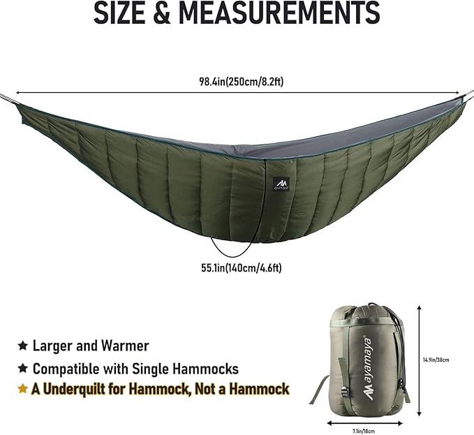 AYAMAYA Single & Double Hammock Underquilt Full Length Big Size Under Quilts for Hammocks, Camping Backpacking Essential, Winter Cold Weather Warm UQ Blanket Bottom Insulation