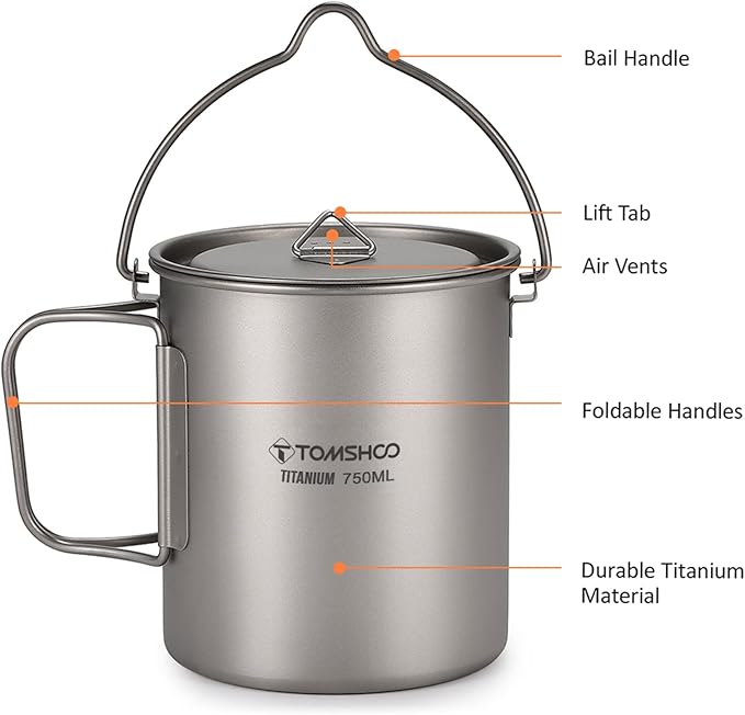 TOMSHOO Titanium Pot 750ml/25.4 oz Outdoor Mug with Lid - Foldable Handle for Camping, Hiking, Travelling, Backpacking, Open Fire