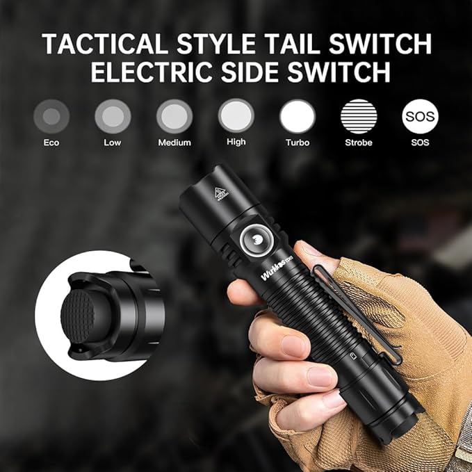 Wurkkos TD05 Rechargeable Flashlights USB C, Max 1800Lumen Tactical Led Flashlight Dual Switch Design, 373M Long Range EDC Flashlight, IP68 Waterproof Flashlight for Indoor Outdoor Usage-Black