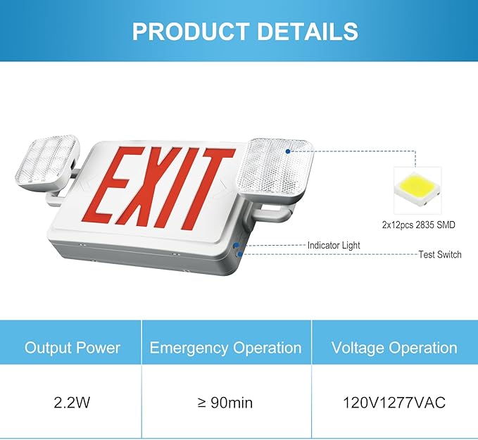 Double Sided LED Emergency EXIT Sign, Exit Combo Remote Capable, Two LED Lights, Backup Battery, US Standard Red Letter, Commercial Grade, 120-277V, FireResistant(UL 94V-0) - 4 Pack