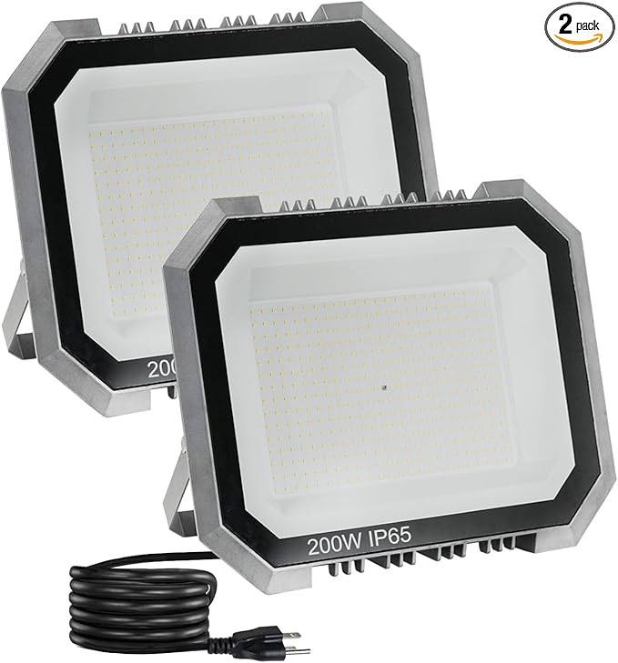 2 Pack LED Flood Lights Outdoor, 200W 20000LM Super Bright Floodlight Outside Work Light with 5.9FT Plug, IP65 Waterproof 6000K Outdoor LED Flood Light for Garage, Yard, Lawn, Garden