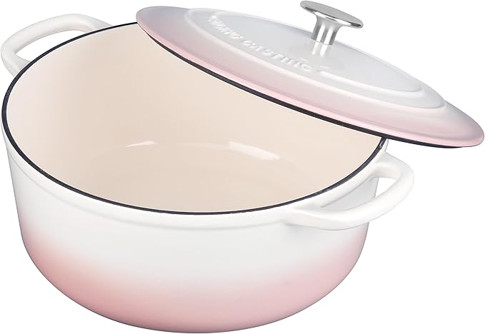 Enameled Cast Iron Dutch Oven Pot With Lid, 7 Quart, for Bread Baking, Cooking, White-Pink
