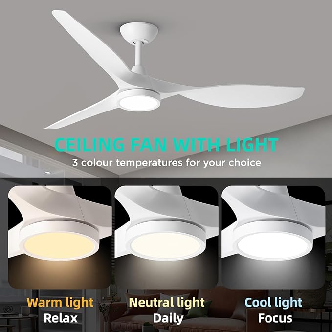 Roomratv Ceiling Fans with Lights,Large Airflow 52inch Modern Ceiling Fan with Quite Reversible DC Motor 3 Color Temperature LED Light (White)