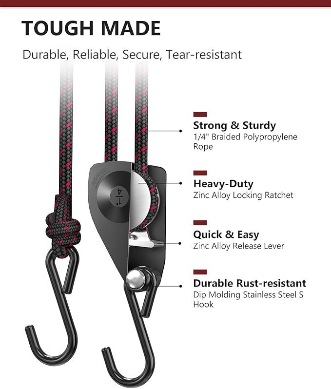 VIPARSPECTRA Ratchet Tie Down Straps, 1/4" Adjustable Rope Hangers [8 Pack, 12FT, 150 lbs/Pack], Heavy Duty Kayak Pulley System with Hooks for Garage Cargo Trucks Tents Grow Lights Various Lashing