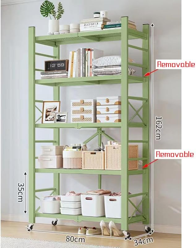 4-Tire Storage Rack, Height Adjustable, 32 * 13 * 61in Foldable Metal Garage Storage Shelves Organizer, Portable Metal Kitchen Shelving, Closet Shelving Unit Bakers Rack (Green 5 Shelfs)