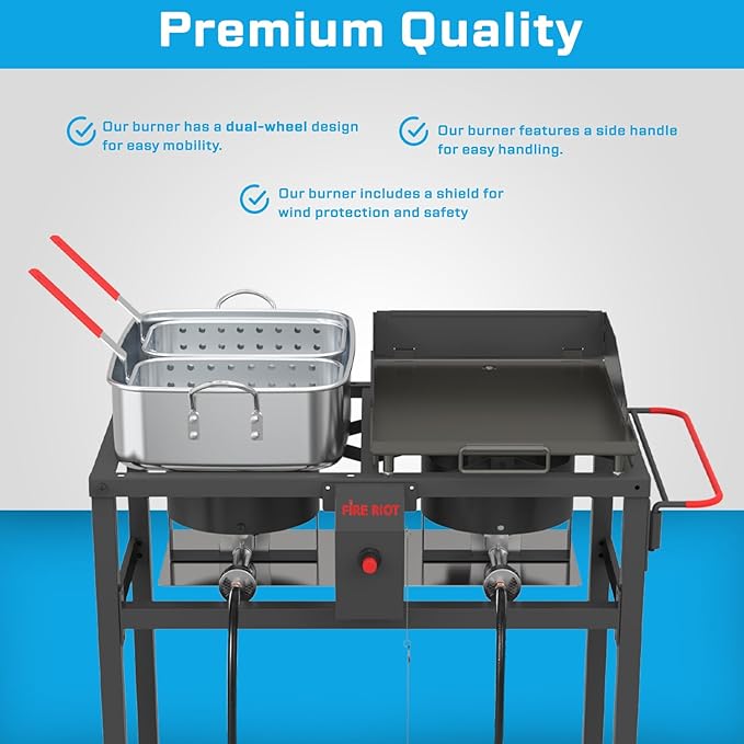 Outdoor Propane Deep Fryer and Griddle Combo, Portable 2-in-1 Cooking Station with Double Burner Propane Stove and Wheels, Ideal for Outdoor BBQ, Camping, and Tailgating