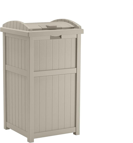 Suncast 33 Gallon Hideaway Trash Can for Patio - Resin Outdoor Trash with Lid - Use in Backyard, Deck, or Patio - Taupe