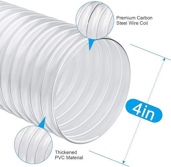 4" x 20' Heavy PVC Dust Collection Hose,Flexible Clear Debris and Fume Collection Hose with Stainless Steel Hose Clamps for Dust Collectors with 4" Ports, Ideal for Shop Vacuums