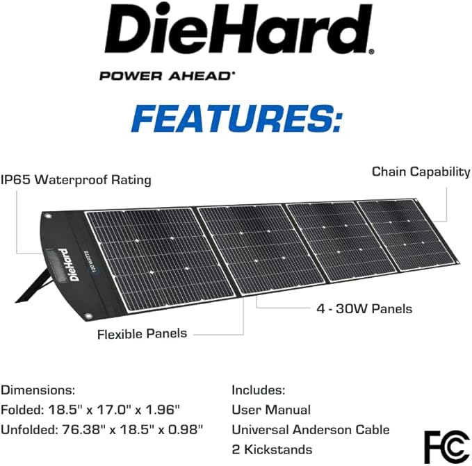 DieHard Solar Panel, 120-Watt, Foldable, Flexible, Lightweight, Portable - Designed for use with DieHard Portable Power Stations