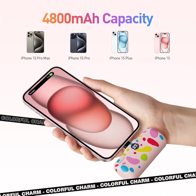 iWALK USB-C Portable Charger with Colorful Pattern, 20W PD Fast Charging 4800mAh Small Power Bank with LED Display, Compatible with iPhone 16/15, 16/15 Plus, 16/15 Pro Max, iPad, Airpods, Pink