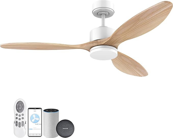 52 Inch Smart Wood Ceiling Fans with light and Remote,Quiet DC Motor,Dimmable,Control with Alexa Google Voice App WIFI,Outdoor Indoor Modern Ceiling Fan for Bedroom Patio