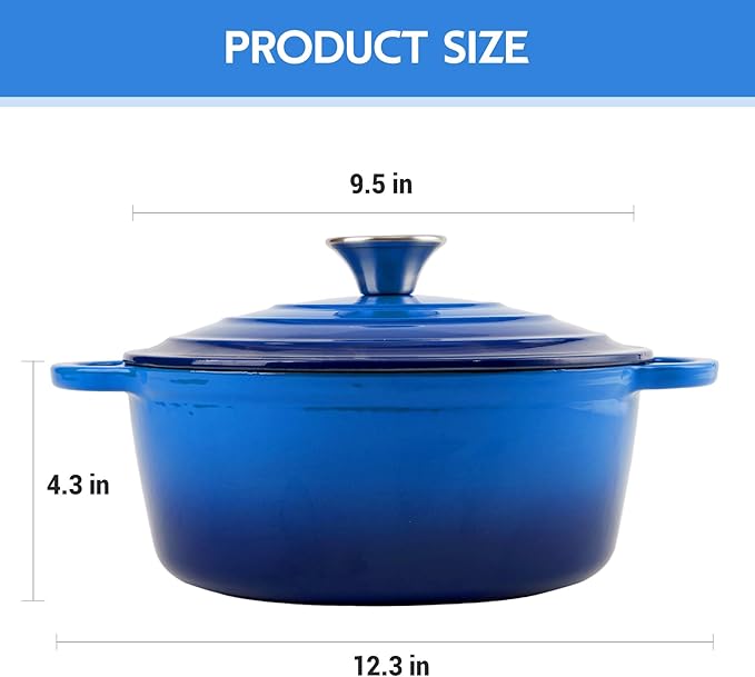 4.5 Quart Dutch Oven Enameled Cast Iron with Lid - Big Dual Handles - Oven Safe up to 500°F - Classic Round Pot for Versatile Cooking Blue
