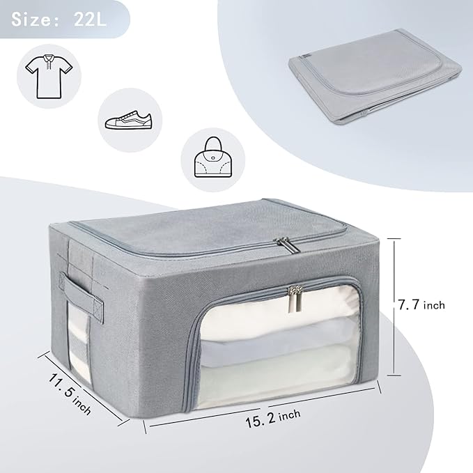 Clothes Storage Box Bins Stackable Foldable Organizer,Sturdy Handles with Metal Frame for Clothing Bedding Shelves,Closet Container with Clear Window Zipper and Label Holder (Gray, 22L x3 Pack)