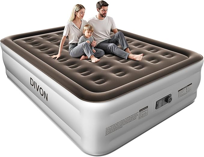 DIVON Queen Air Mattress with Built in Pump Raised, 2 Min Self Inflatable Mattress, 18’’ Blow up Mattress for Adults, 660 LBS Portable Air Bed for Guest, Camping, Travel & Floor, Brown