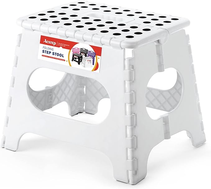 ACSTEP Folding Step Stool for Adults and Kids 11 Height Lightweight Plastic Stepping Stool Foldable Step Stool Hold up to 300lbs Non Slip Collapsible Stool White
