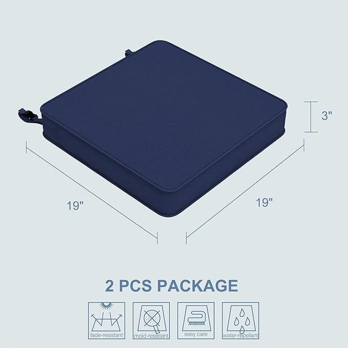 LVTXIII Patio Chair Cushions 19"x19"x3", Water-Repellent Outdoor Seat Cushions for Patio Furniture, Square Chair Pads with Ties for Home Garden Decoration, Set of 2, Navy Blue