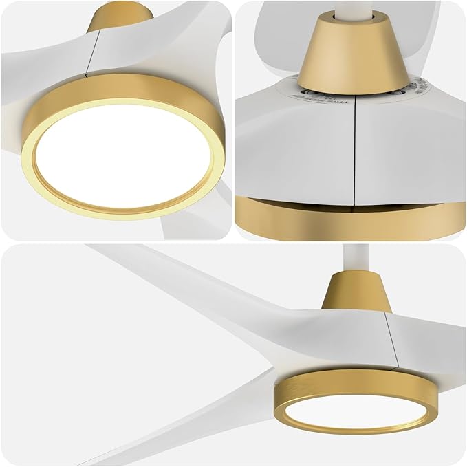 Roomratv Ceiling Fans with Lights,Large Airflow 52inch Modern Ceiling Fan with Quite Reversible DC Motor 3 Color Temperature LED Light (White Gold)