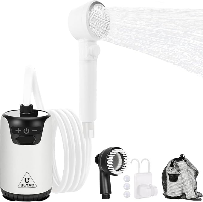 Portable Shower for Camping, 10000mAh Outdoor Electric Shower Pump Rechargeable IPX7 Waterproof Camp Shower with LED Display and 2 Head Nozzle for Camping, Hiking, Travel, Car, Pet