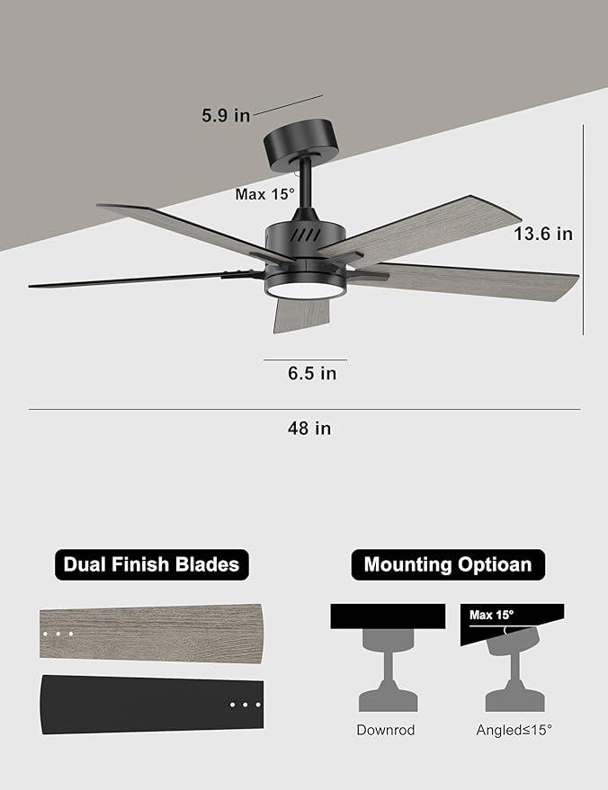 Ohniyou 48'' Ceiling Fans with Lights and Remote, 6 Speeds, 3 Colors & Dimmable LED Light, Quiet DC Motor Black Ceiling Fan for Bedroom Living Room