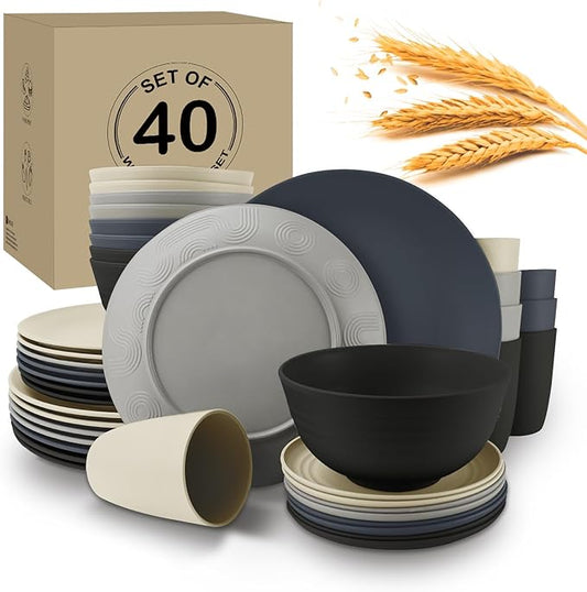 40Pack plates and bowls sets for dinner - Unbreakable wheat straw dinnerware sets service for 8 - Alternative plastic 40pcs dish sets for camping,picnic and R.V. - (Black & Grey)